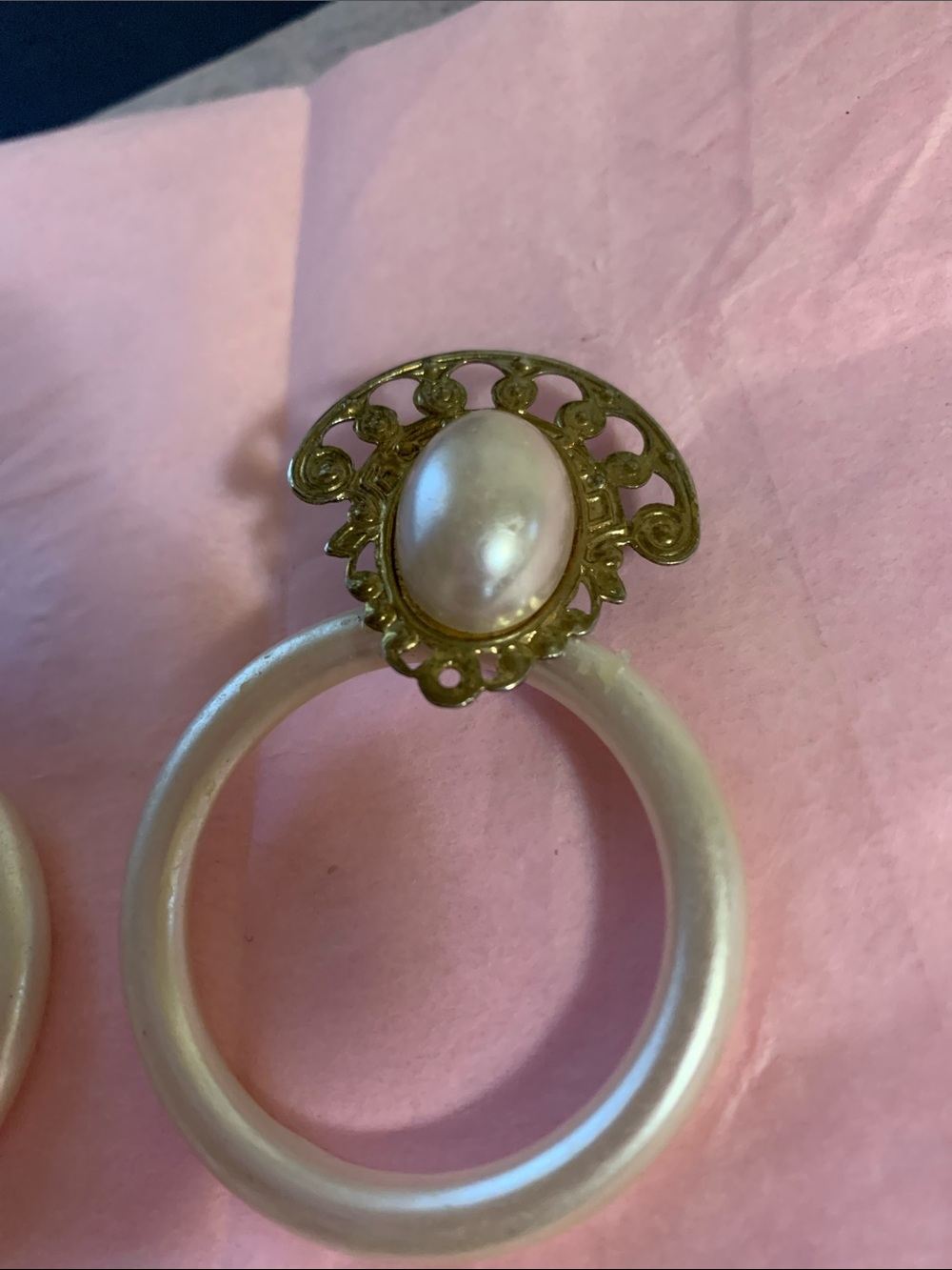 Gold-Tone Faux Pearl Cabochon Hoop Drop Earrings in Cream and Gold - Picture 5 of 6